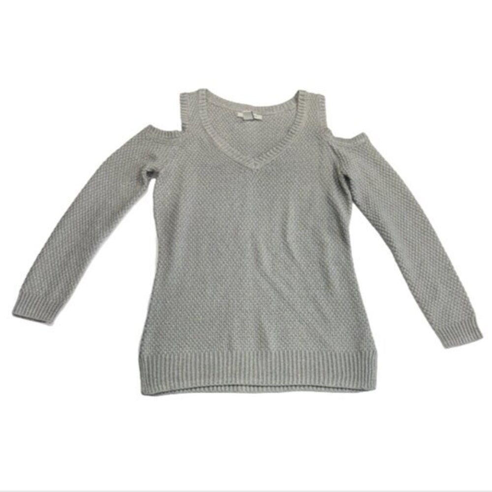 White House Black Market Silver and Gray Metallic Cold Shoulder Tunic Sweater